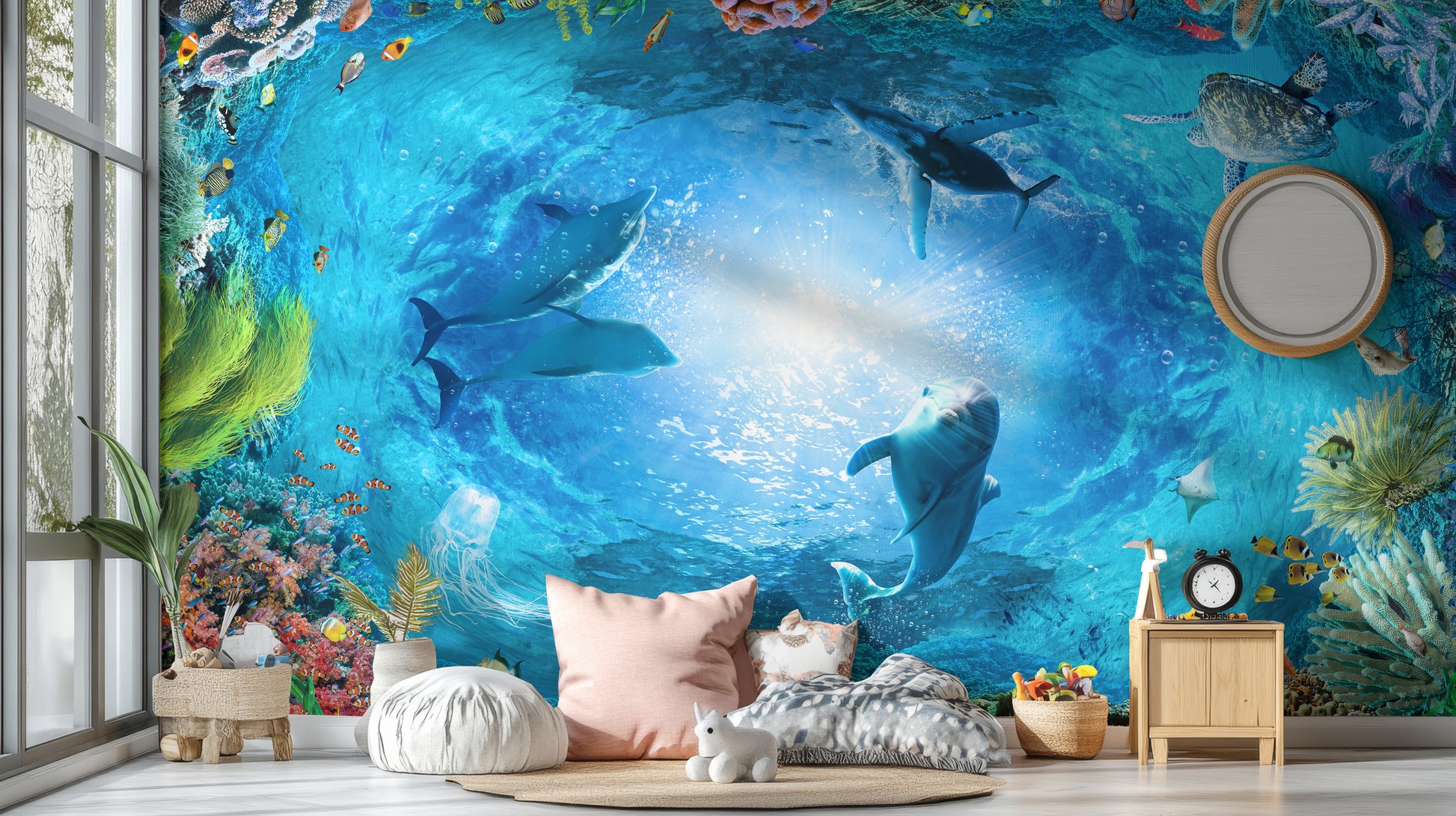 Underwater Landscape Aqua Blue Color Dolphin Wallpaper - Giffywalls