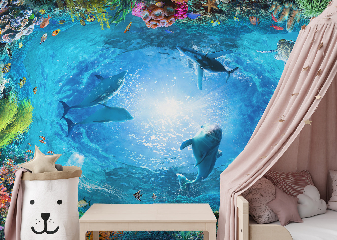 Dolphin-themed underwater wall mural
