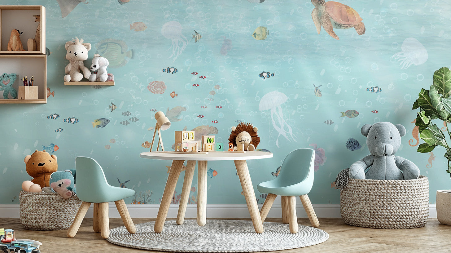 Underwater Marine Life wallpaper mural with jellyfish and turtles above teal chairs and a plush grey elephant