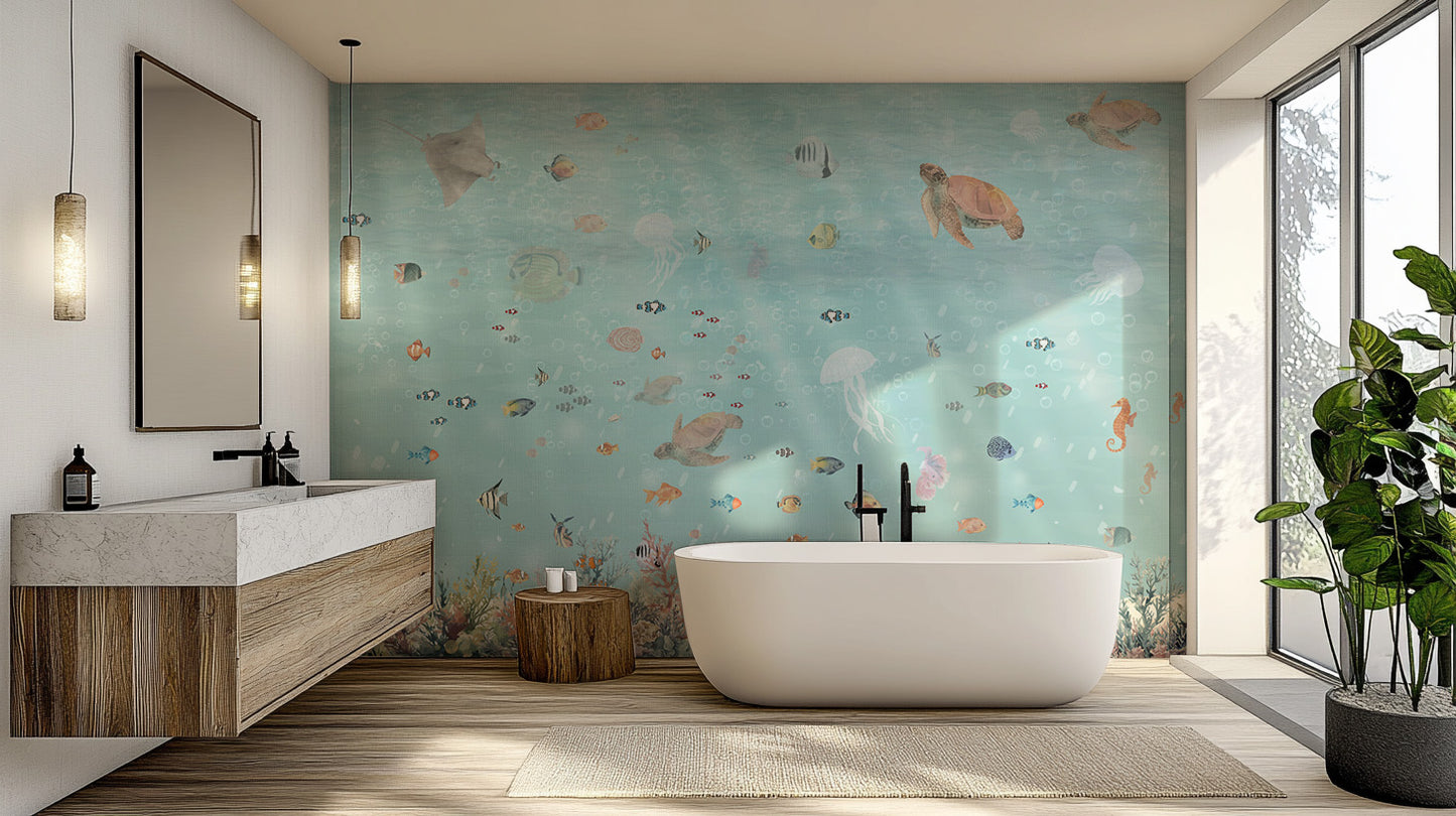 Underwater Marine Life wallpaper mural of turtles and tropical fish behind a white freestanding bathtub