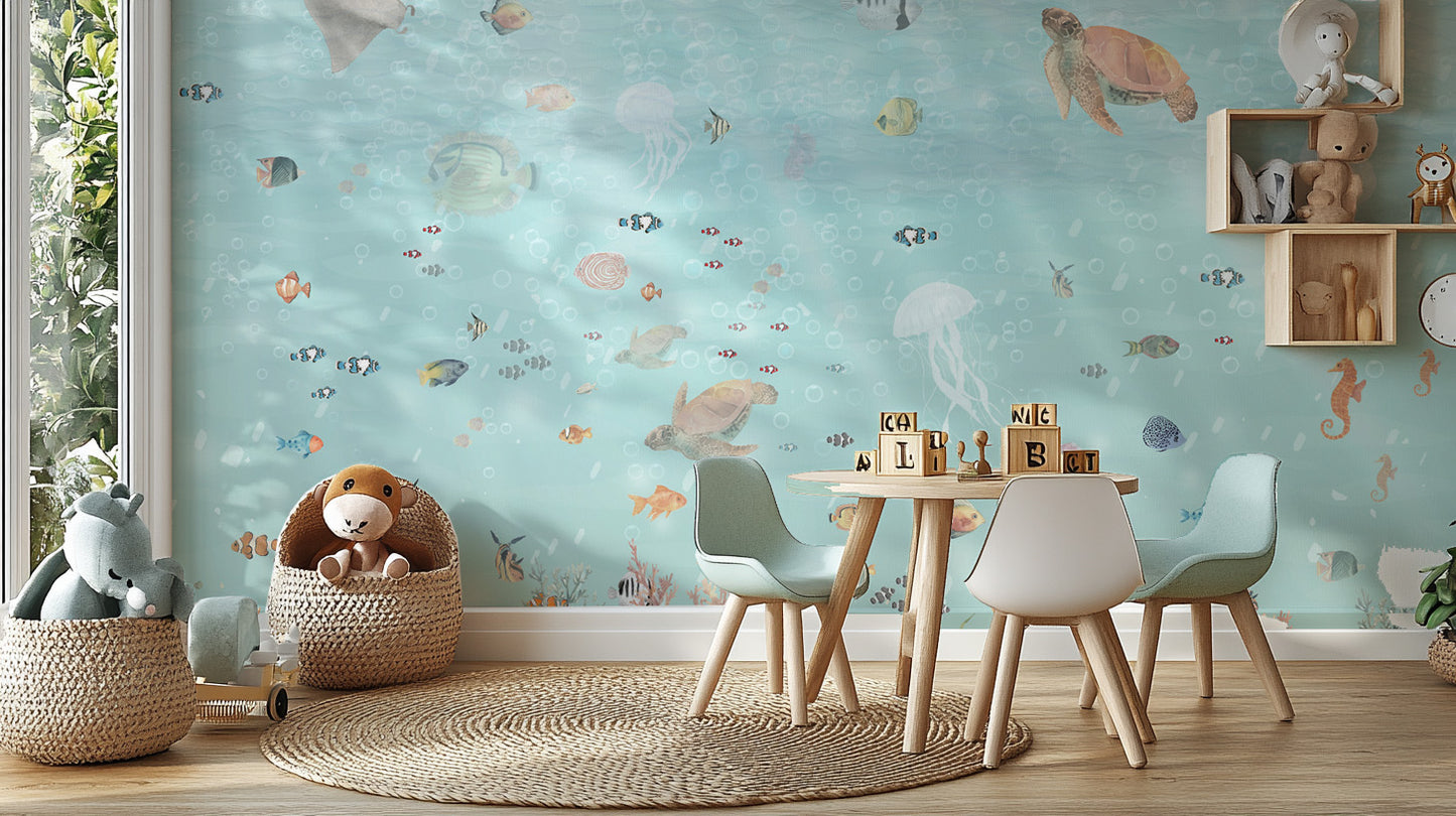 Underwater Marine Life wallpaper mural of fish and seahorses above a round table with plush hippo and lion