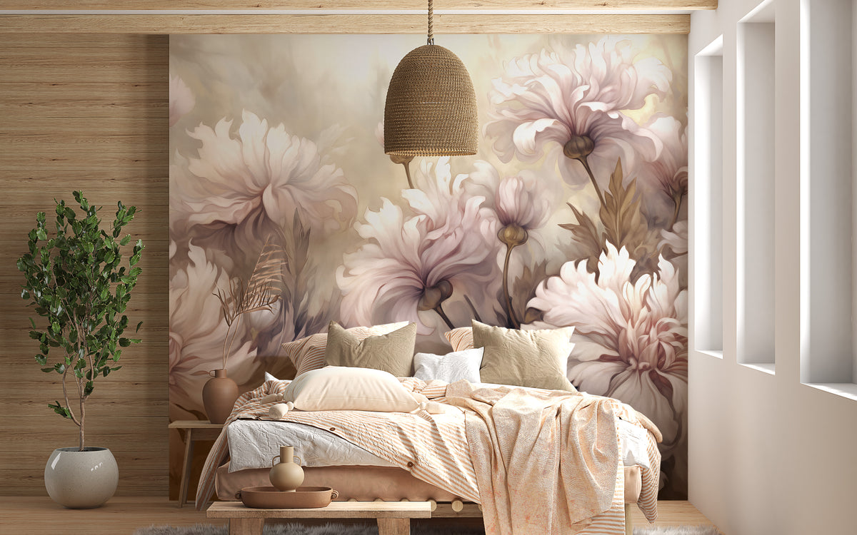 Underwater Pink Flowers wallpaper mural in warm pink tones over a peach-toned bed with a woven pendant and potted tree