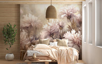 Underwater Pink Flowers wallpaper mural in warm pink tones over a peach-toned bed with a woven pendant and potted tree