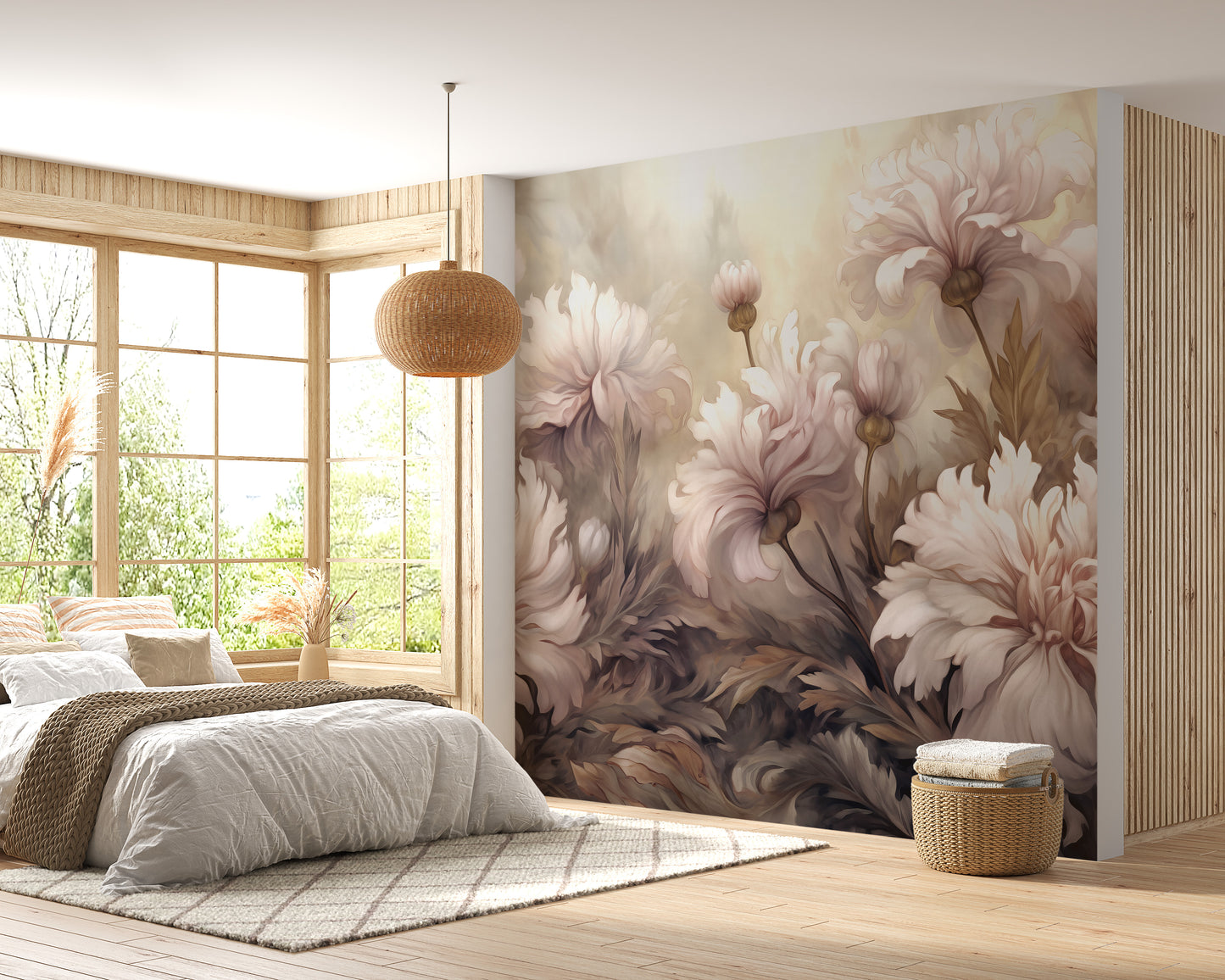 Underwater Pink Flowers wallpaper mural of soft pink blooms above a grey bed beside a sunlit window in a cozy bedroom