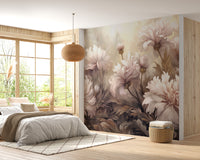 Underwater Pink Flowers wallpaper mural of soft pink blooms above a grey bed beside a sunlit window in a cozy bedroom