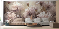 Underwater Pink Flowers wallpaper mural with blush peony blooms behind a beige and grey sectional sofa in a living room