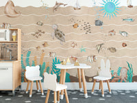 Whimsical underwater wallpaper mural with fish and starfish
