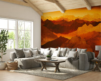 Unexplored fire valleys mural in a stylish flat featuring dark grey tones and velvet furniture.