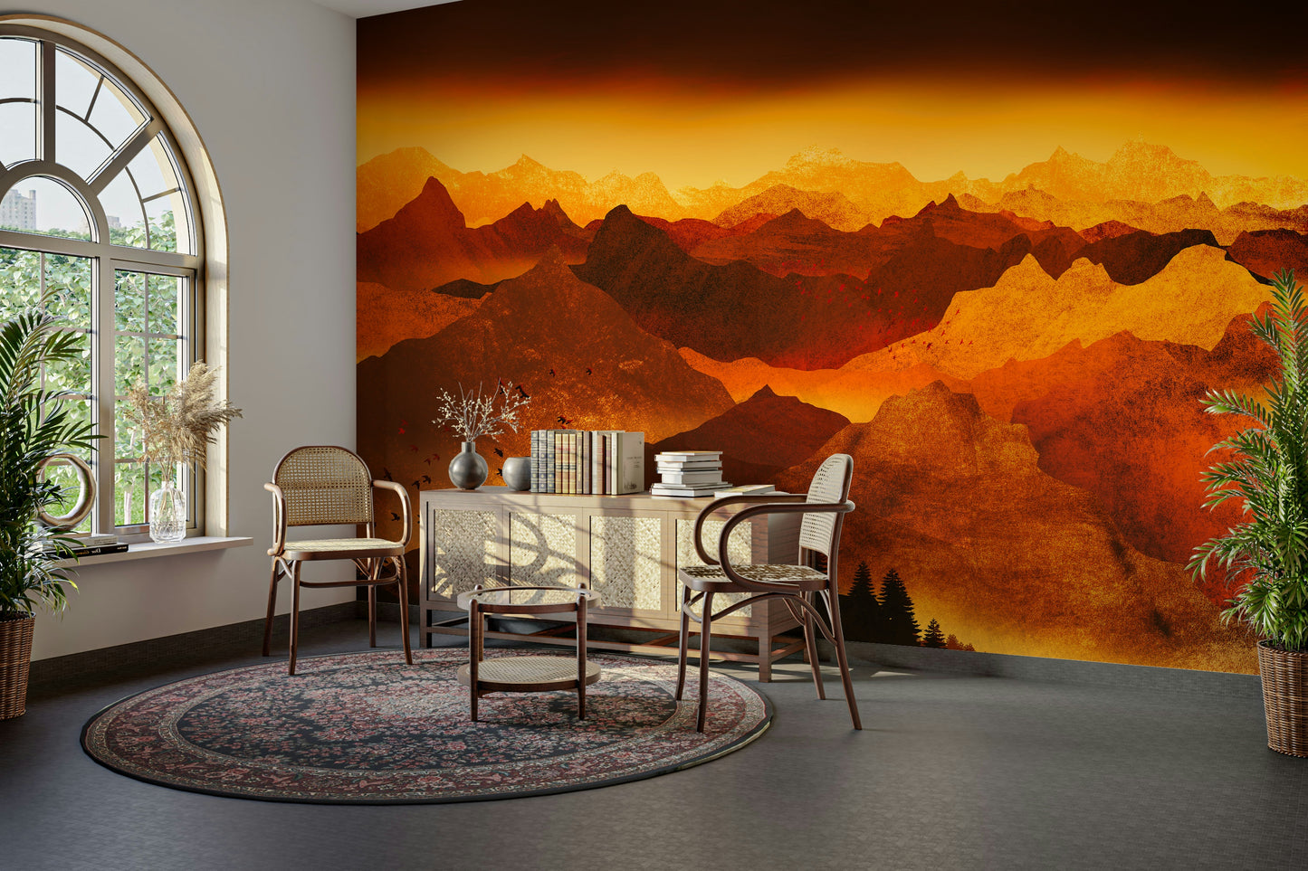 Abstract fire landscape mural for a workspace with minimalist shelving and metal accents.
