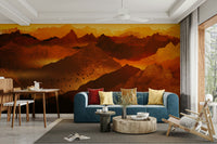 Artistic magma swirls for a guest bedroom feature wall with dark linen bedding.