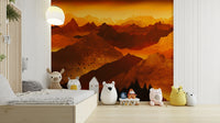 Elegant volcanic effect wallpaper for a primary bedroom with industrial light fixtures.