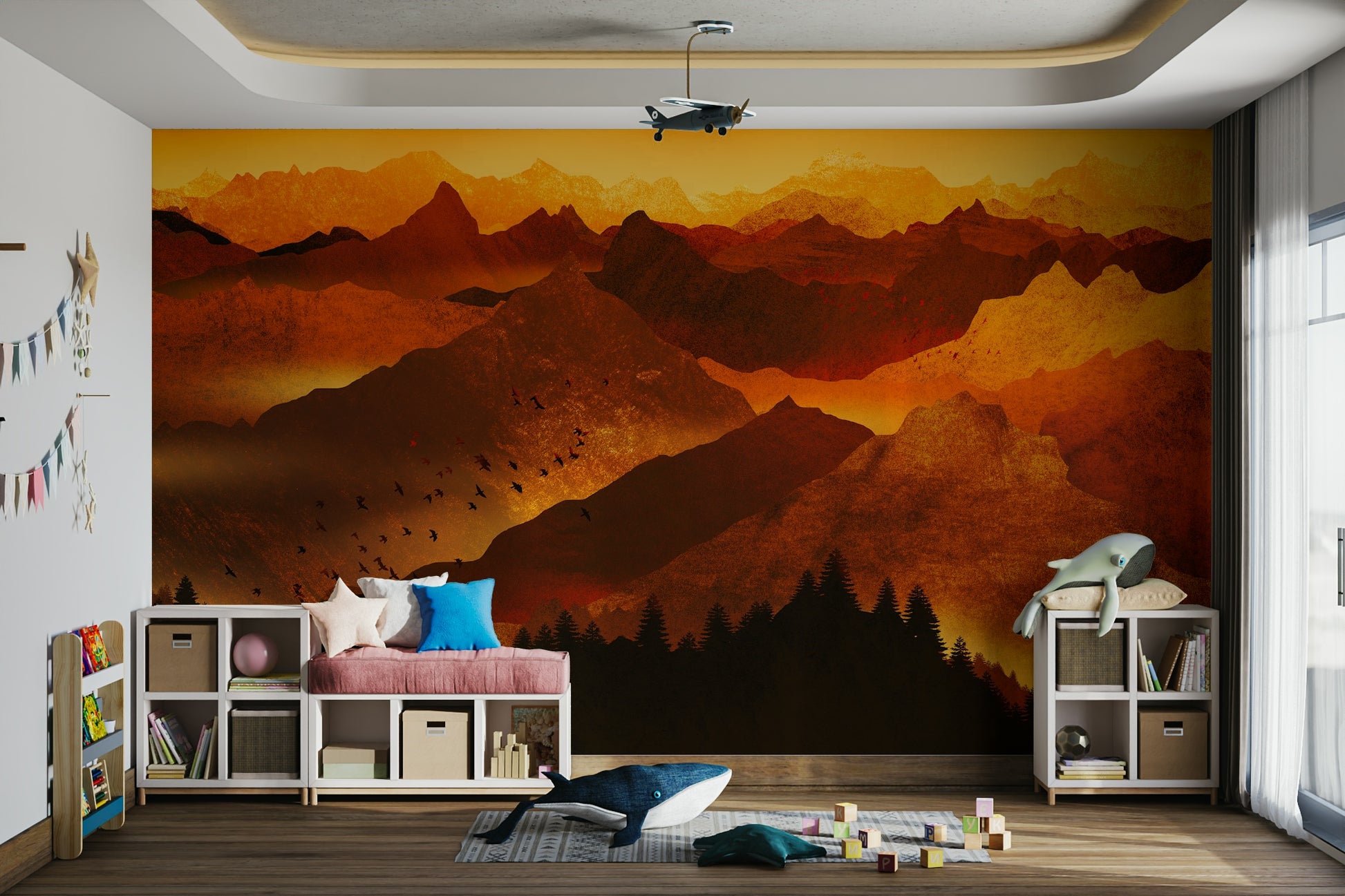 Unexplored fire valleys mural providing a warm backdrop in a contemporary hallway.
