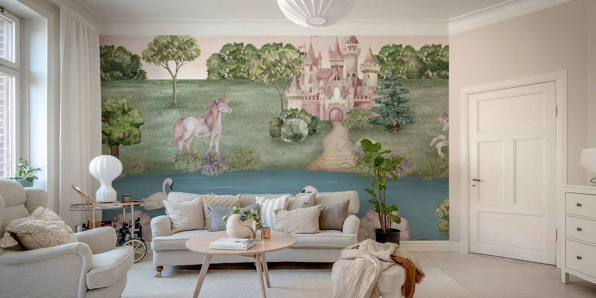 The design features a repeating pattern of soft, delicate unicorns and castles.

