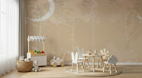 Moonlit Unicorn Grove wallpaper mural with a beige moonlit forest and crescent moon in a kids playroom with toy stand and round table
