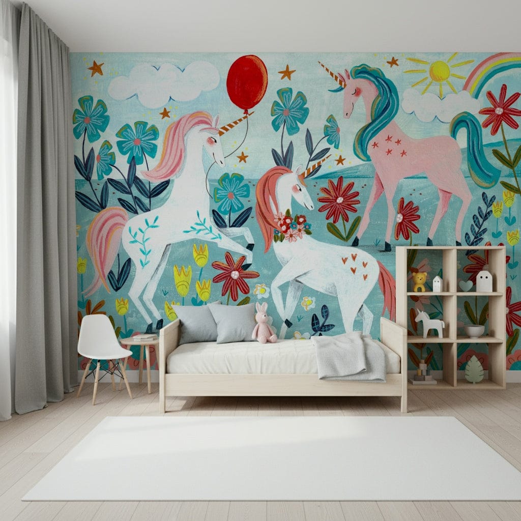 Floral Unicorn Magic wallpaper mural of pink and white unicorns with a red balloon above a wood daybed and cube toy shelf