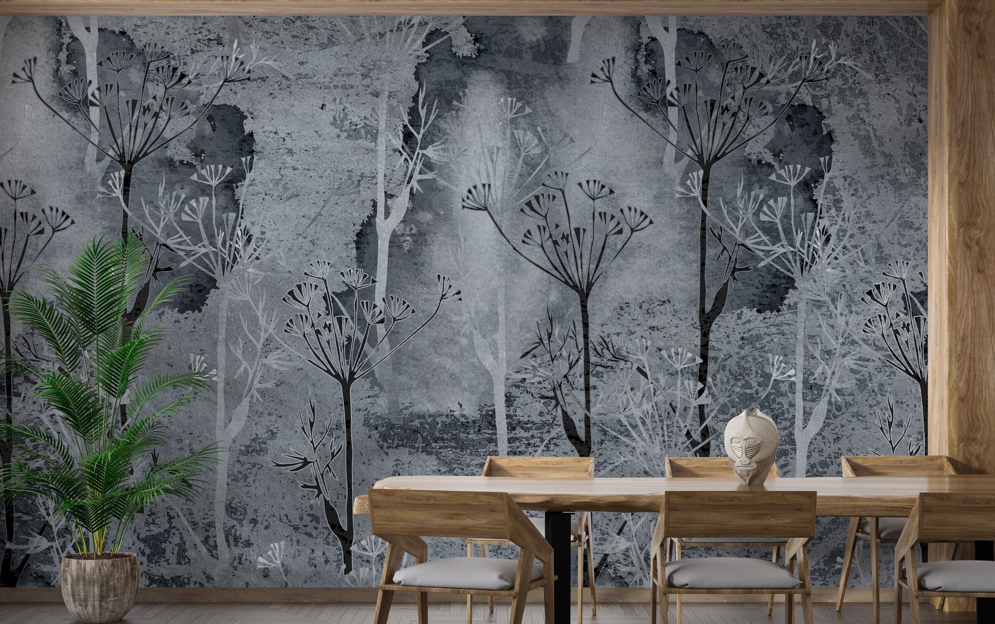Grey Grunge Tropicano Tree wallpaper mural shown as a full feature wall that highlights the design