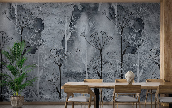 Grey Grunge Tropicano Tree wallpaper mural shown as a full feature wall that highlights the design