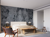 Grey Grunge Tropicano Tree wallpaper mural styled along a hallway feature wall near a console in gray tones