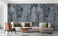 Grey Grunge Tropicano Tree wallpaper mural as a feature wall in a home office workspace in gray tones