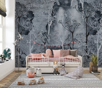 Grey Grunge Tropicano Tree wallpaper mural styled as a feature wall behind a dining table and chairs in gray tones