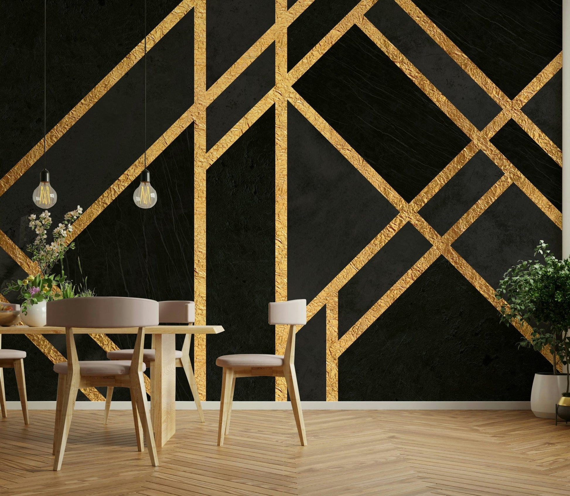 Urban Black Art Deco Wall Mural with bold geometric patterns.

