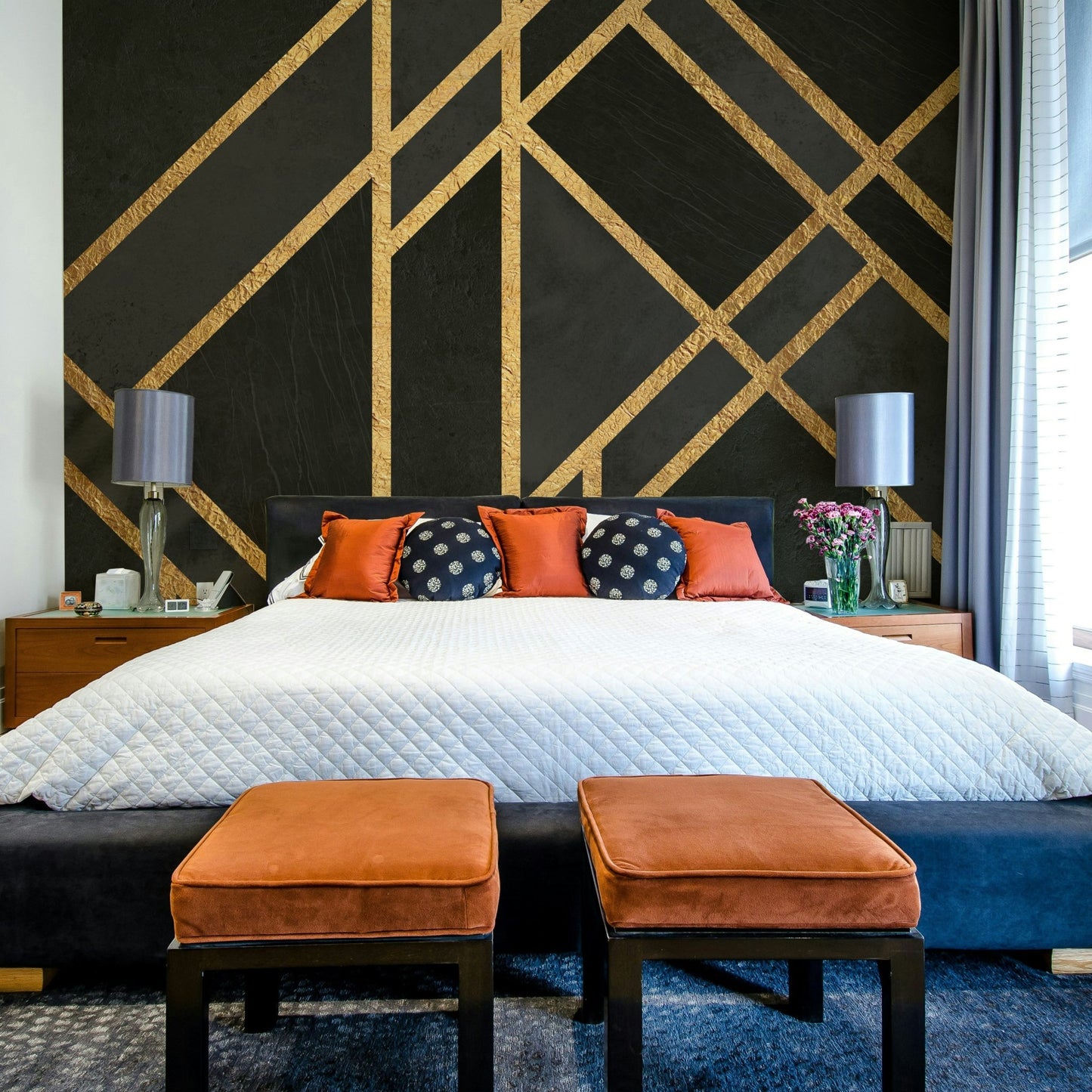 Art Deco black mural wallpaper with symmetrical design.

