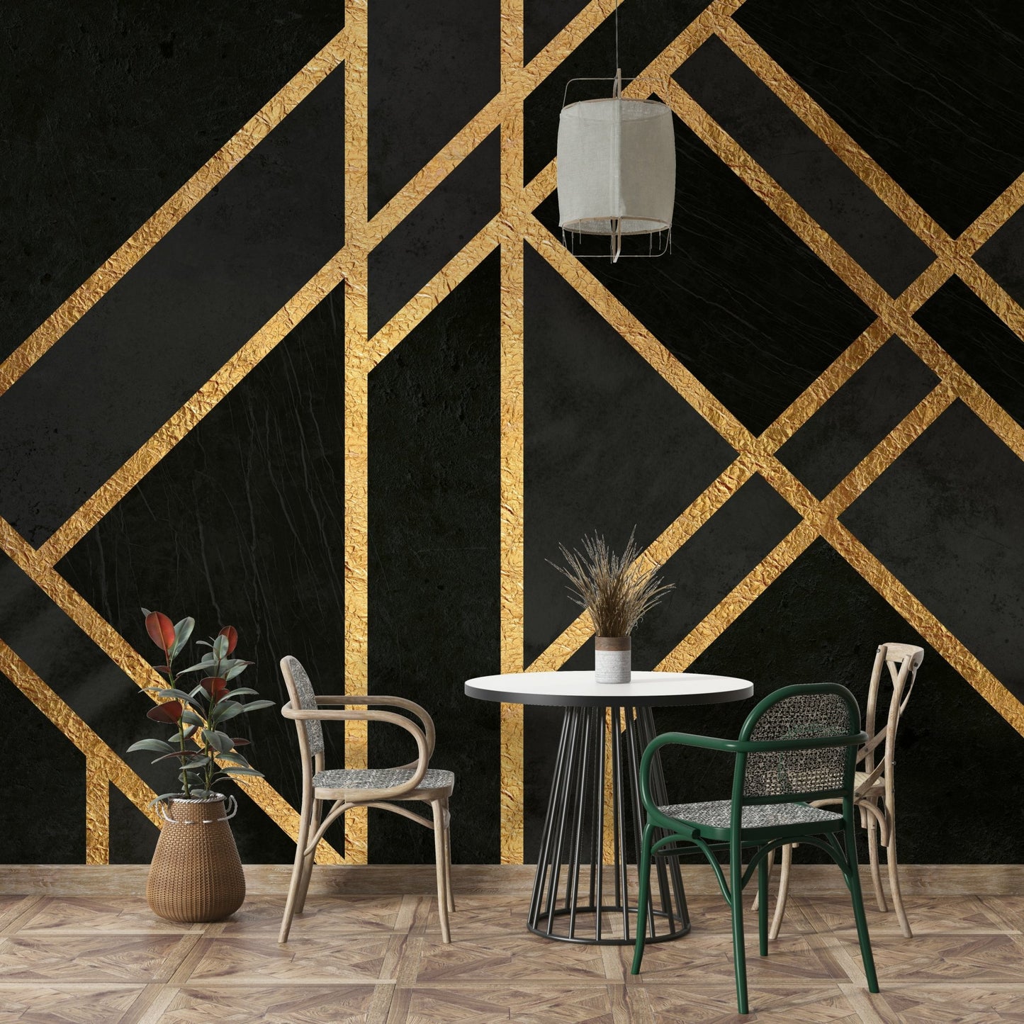 Elegant black mural with angular lines and urban styling.

