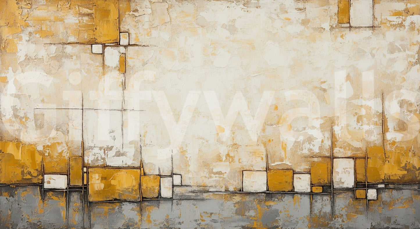 Urban Blocks wallpaper mural close-up showing the mustard, cream and grey textured geometric block pattern