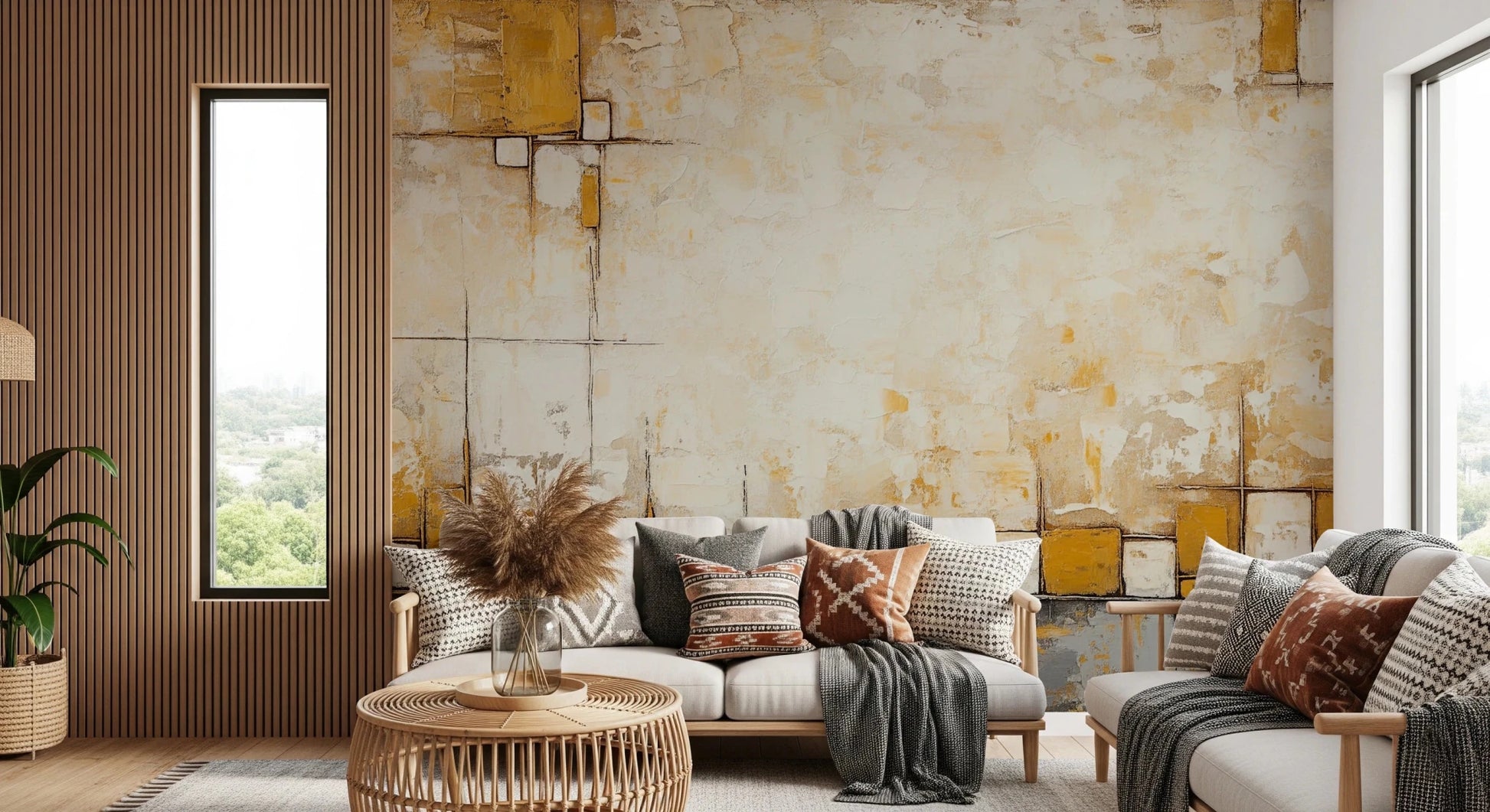 Urban Blocks wallpaper mural with yellow and beige textured blocks behind a white sofa and loveseat with boho pillows