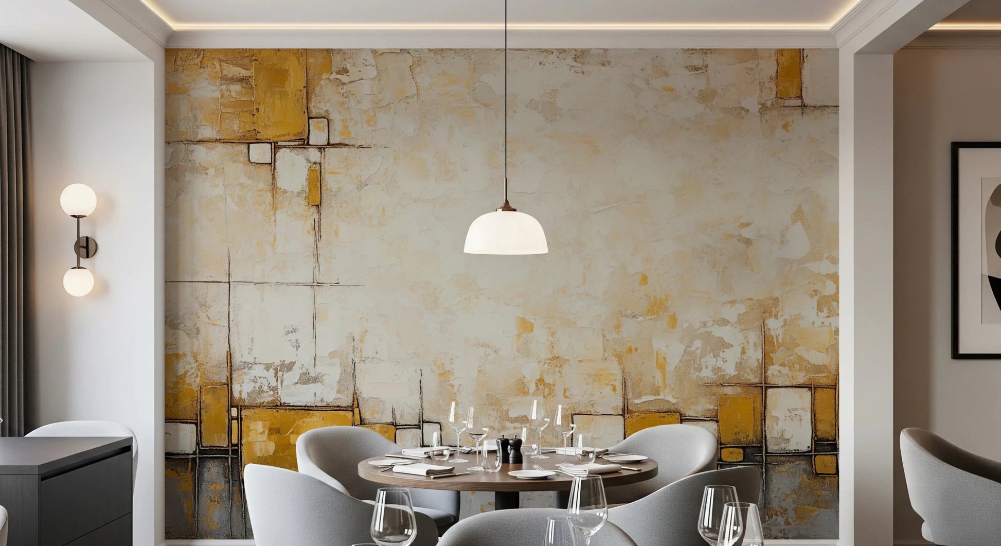 Urban Blocks wallpaper mural with yellow and cream abstract blocks above a round dining table and grey chairs in a dining room