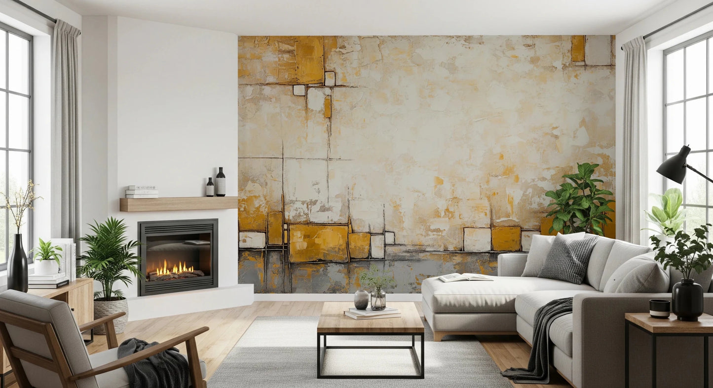 Urban Blocks wallpaper mural of mustard and ivory textured squares behind a white sectional beside a fireplace in a living room