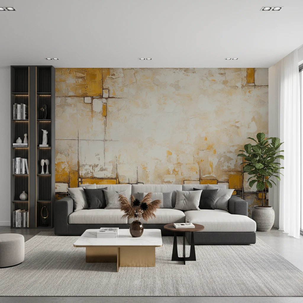 Urban Blocks wallpaper mural with mustard and cream textured geometric blocks behind a two-tone grey sectional in a living room