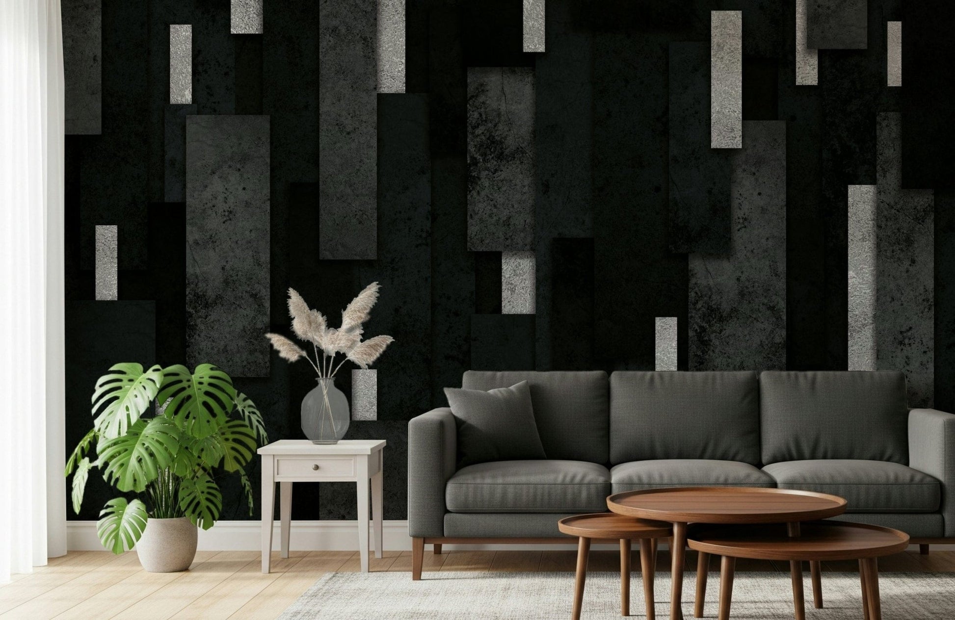 Charcoal and Silver Abstract Wall Mural – Sleek urban-inspired design featuring layered dark grays with reflective silver accents.