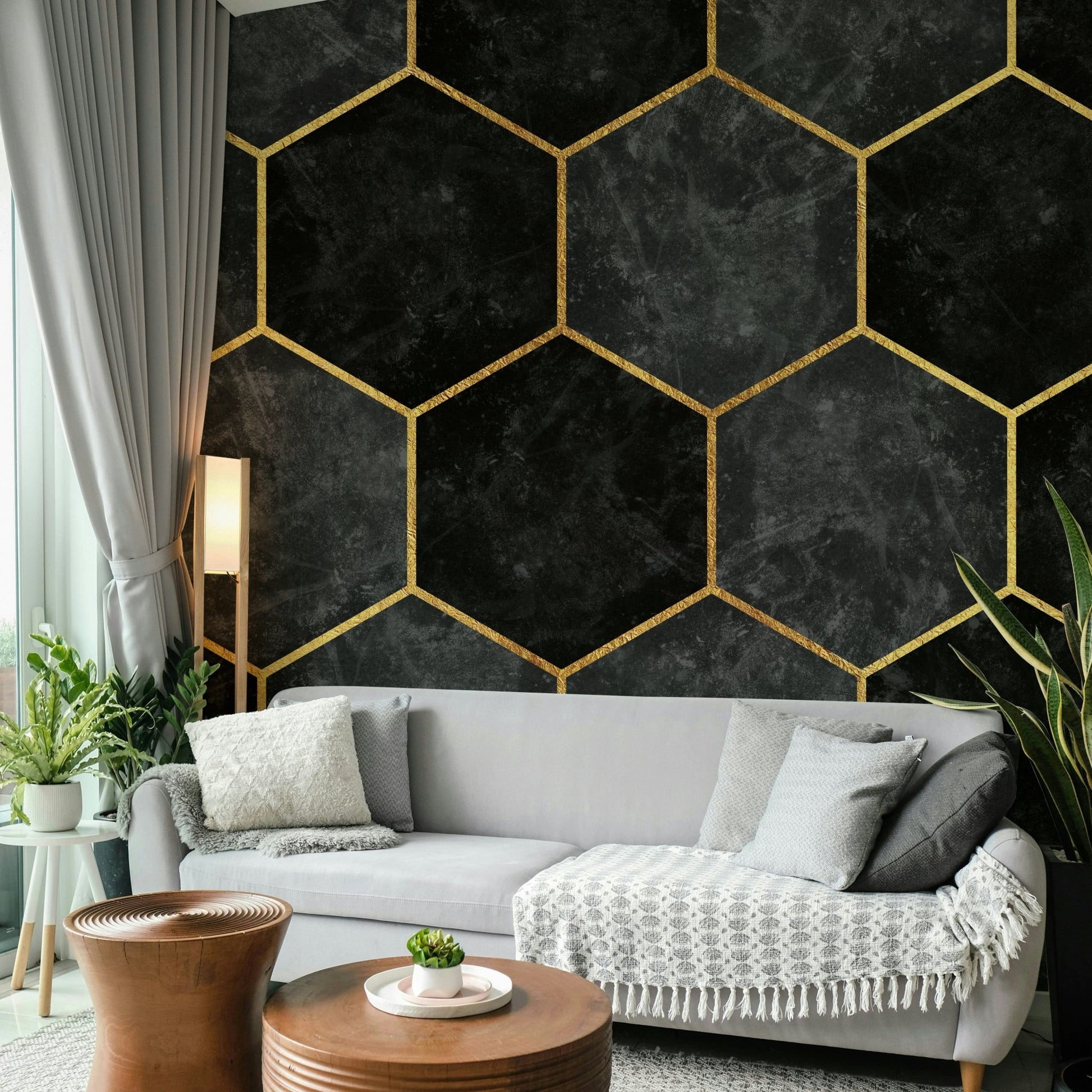 Urban-inspired hexagon wall mural with gold detailing.

