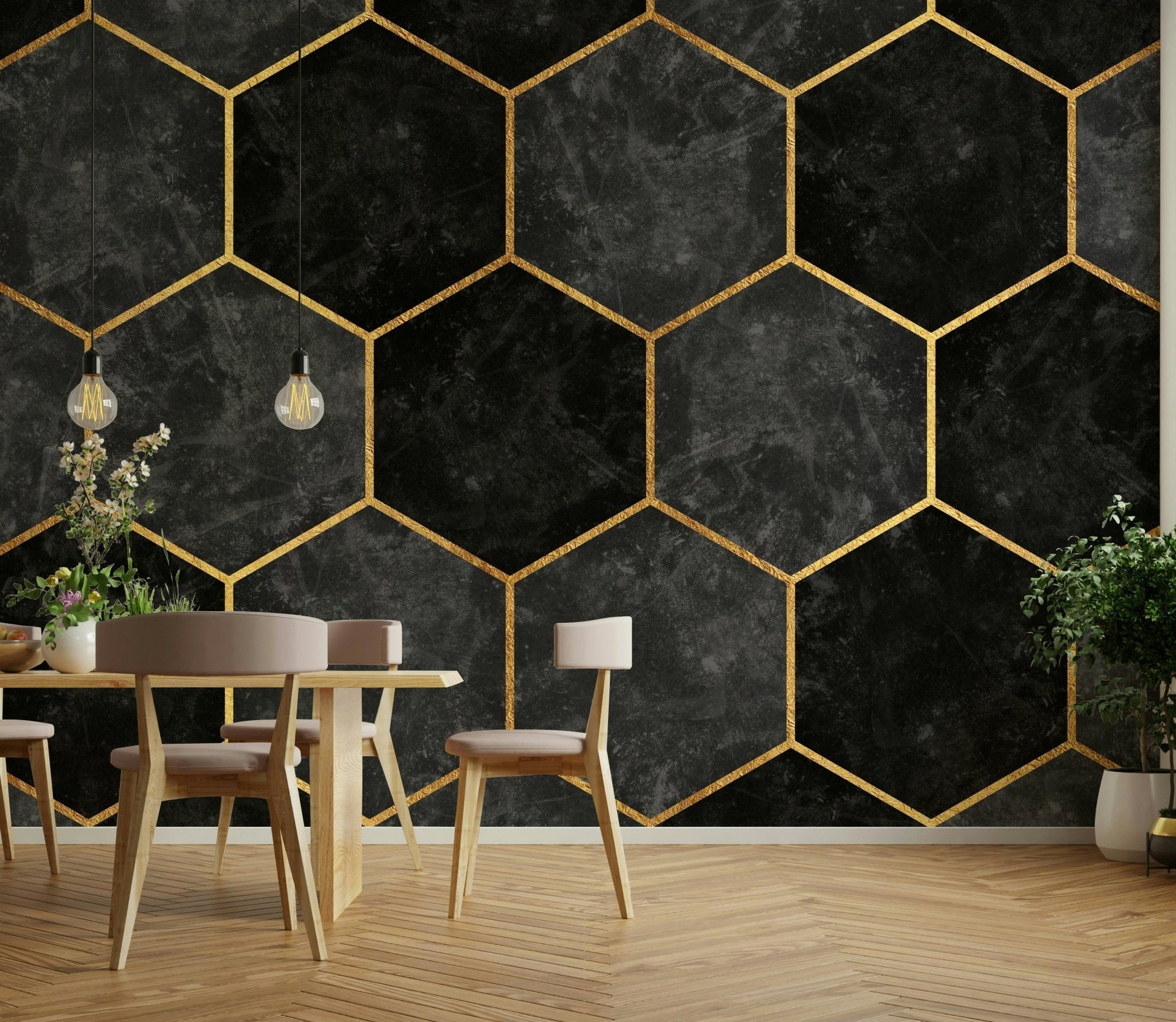 Sleek hexagon pattern mural for adding sophistication to rooms.

