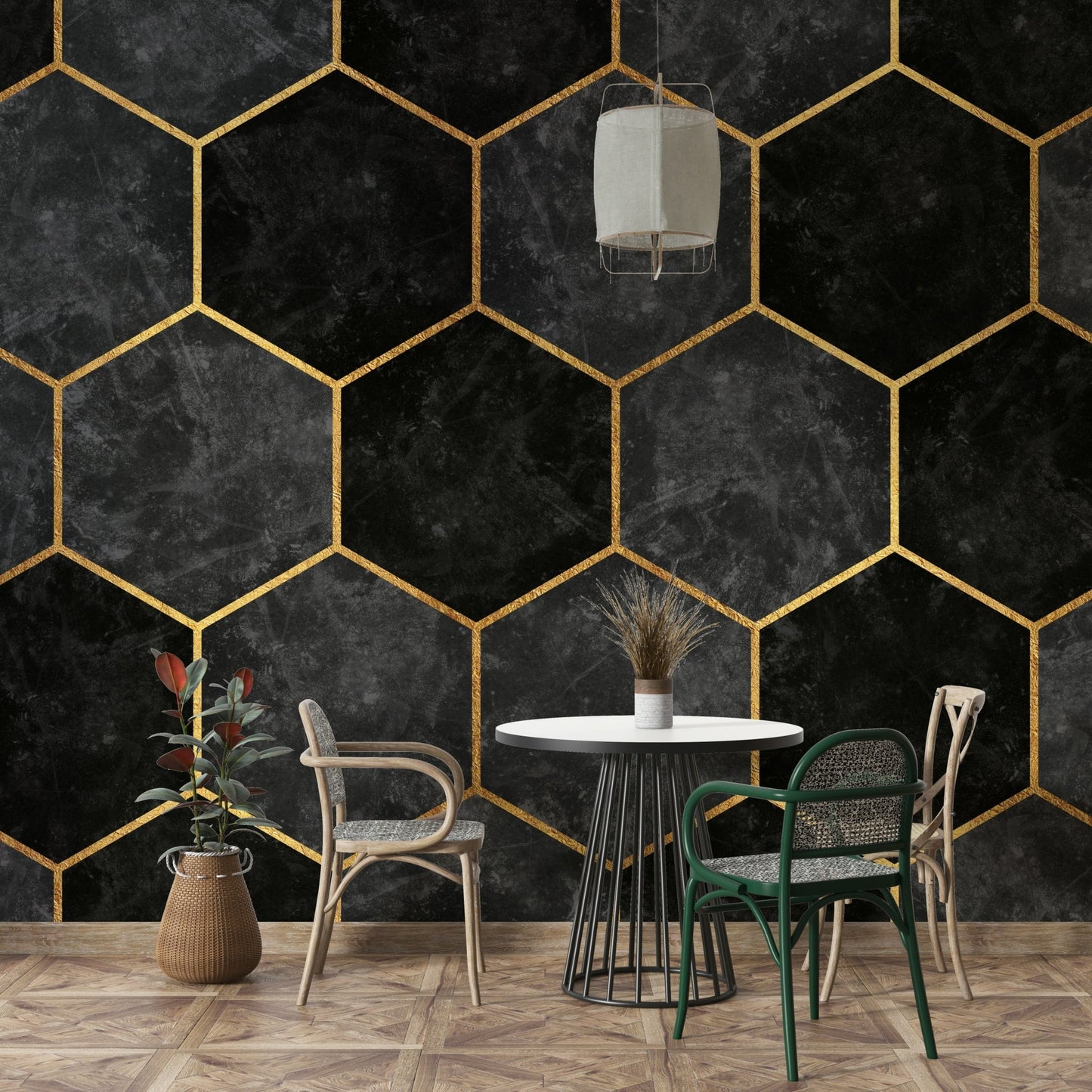 Charcoal and gold hexagon pattern wallpaper for stylish rooms.

