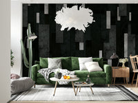 Silver-Accented Charcoal Wall Mural – Textured abstract wallpaper featuring dark urban tones with metallic silver layering.