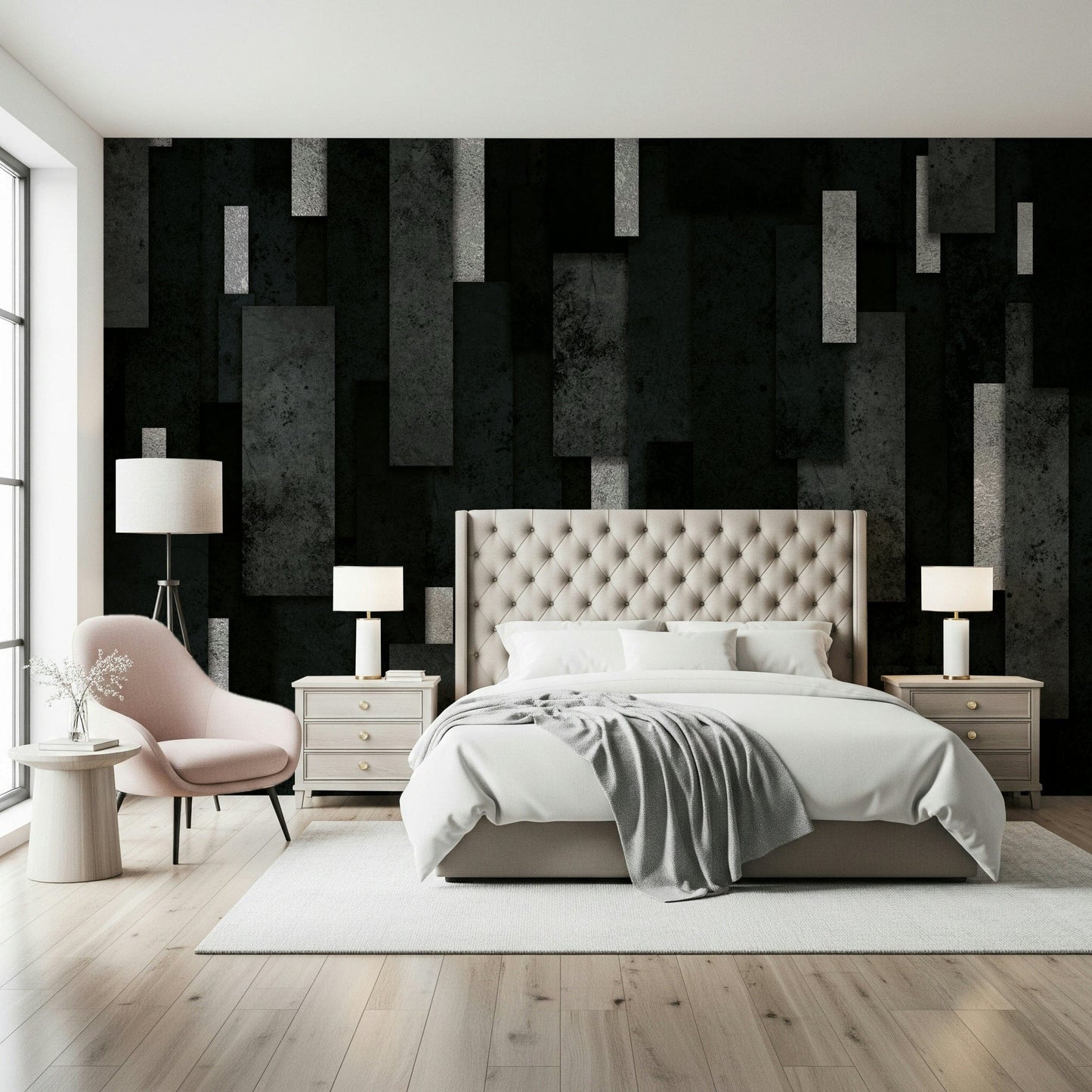 Layered Charcoal and Silver Wall Mural – Elegant mural with textured layers of dark gray and metallic silver streaks.