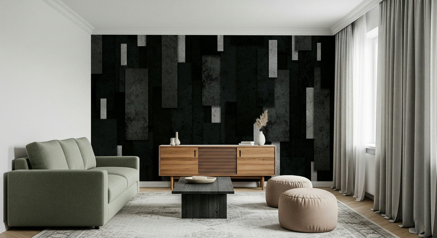 Contemporary Urban Texture Wall Mural – Industrial-style wallpaper with layered charcoal tones and shimmering silver highlights.