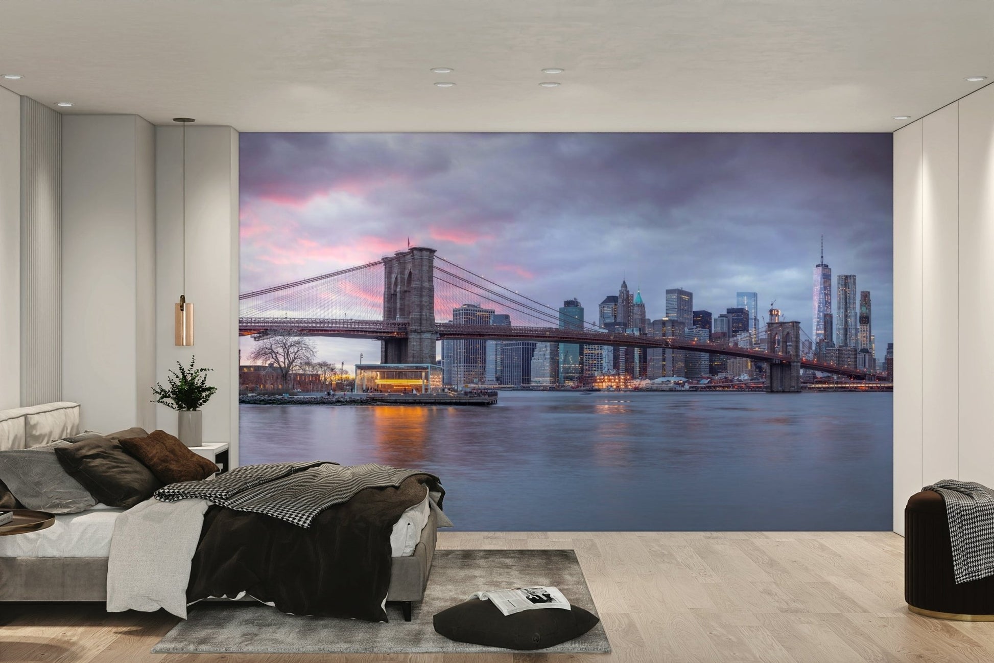 A wall mural of a city skyline at dusk.

