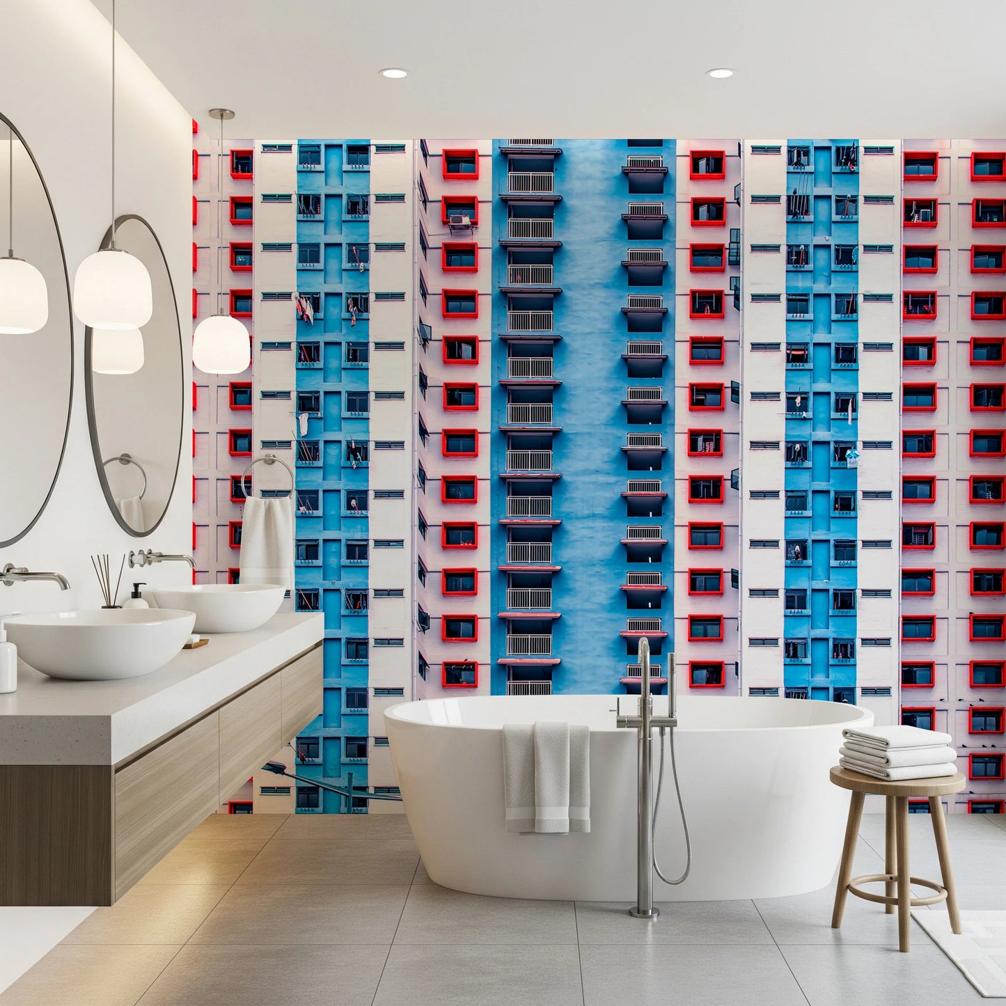 Urban Gridlock wallpaper mural of red and blue tower windows in a bathroom with a freestanding white tub