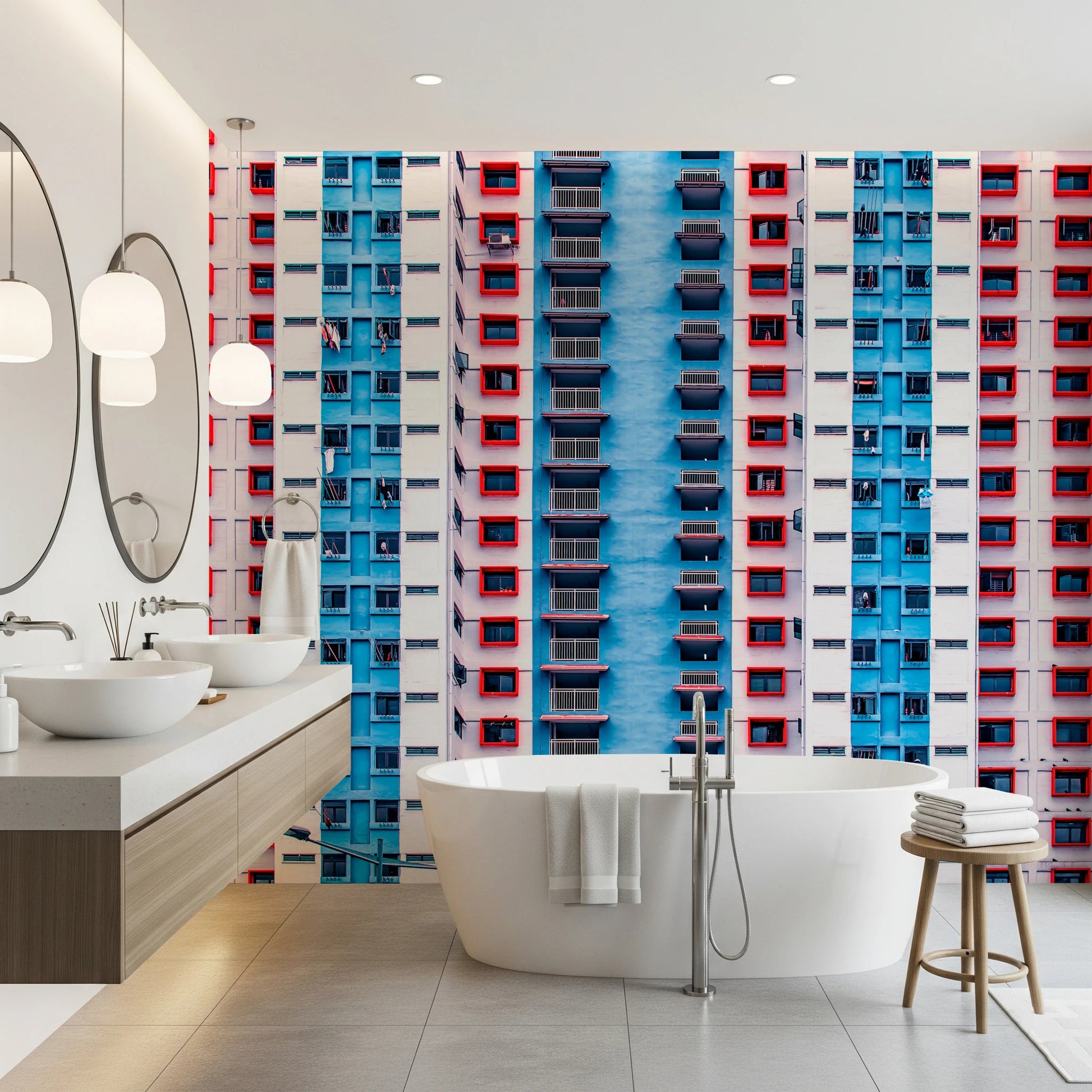 Urban Gridlock wallpaper mural of red and blue tower windows in a bathroom with a freestanding white tub