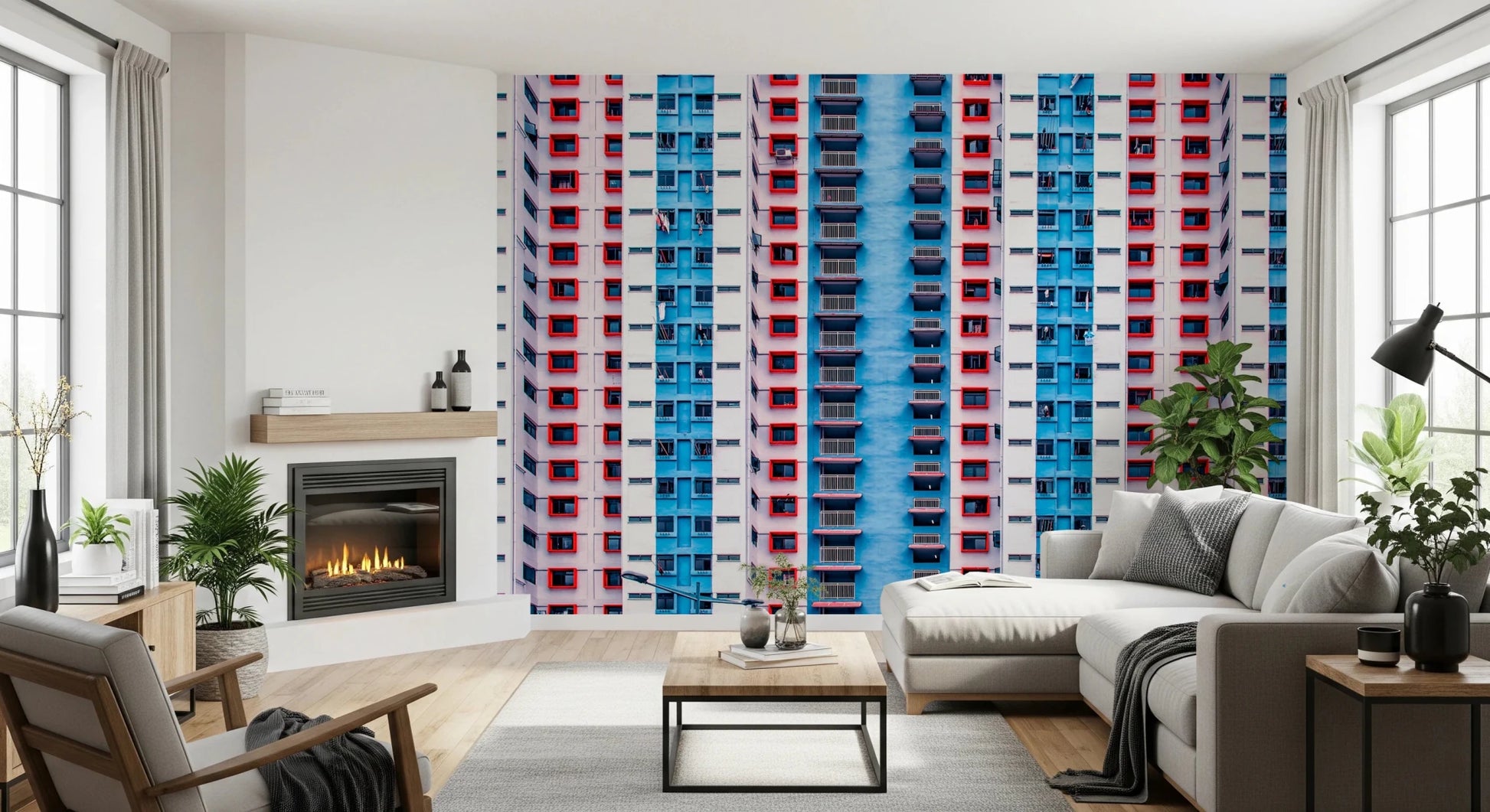 Urban Gridlock wallpaper mural of colorful apartment windows in a living room with a fireplace and grey sectional