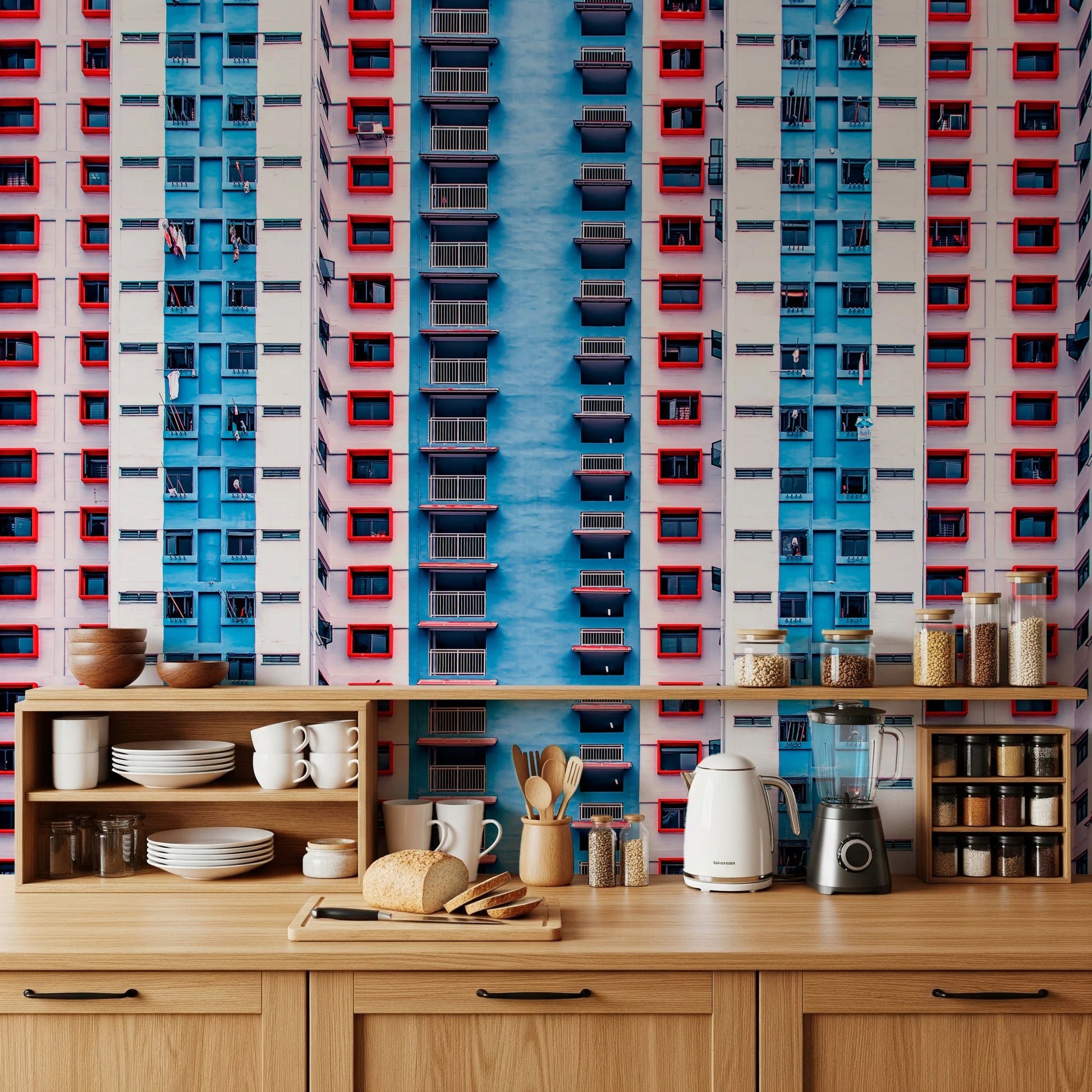 Urban Gridlock wallpaper mural of a dense apartment facade above a wood kitchen counter with kettle and blender
