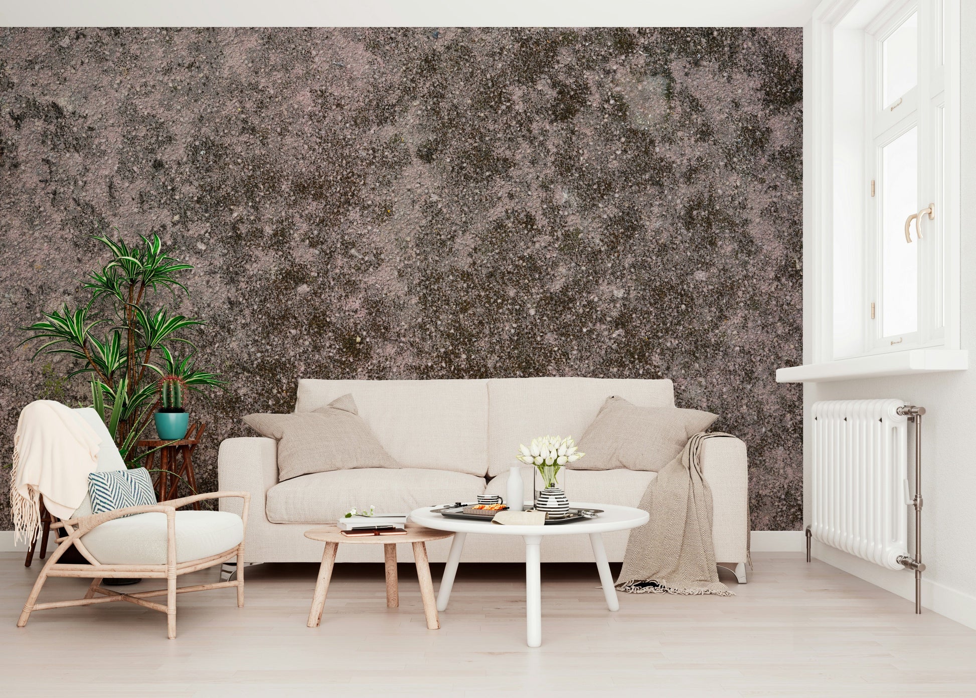 Textured wall mural with grunge-inspired patterns creating a bold, industrial-style accent wall.