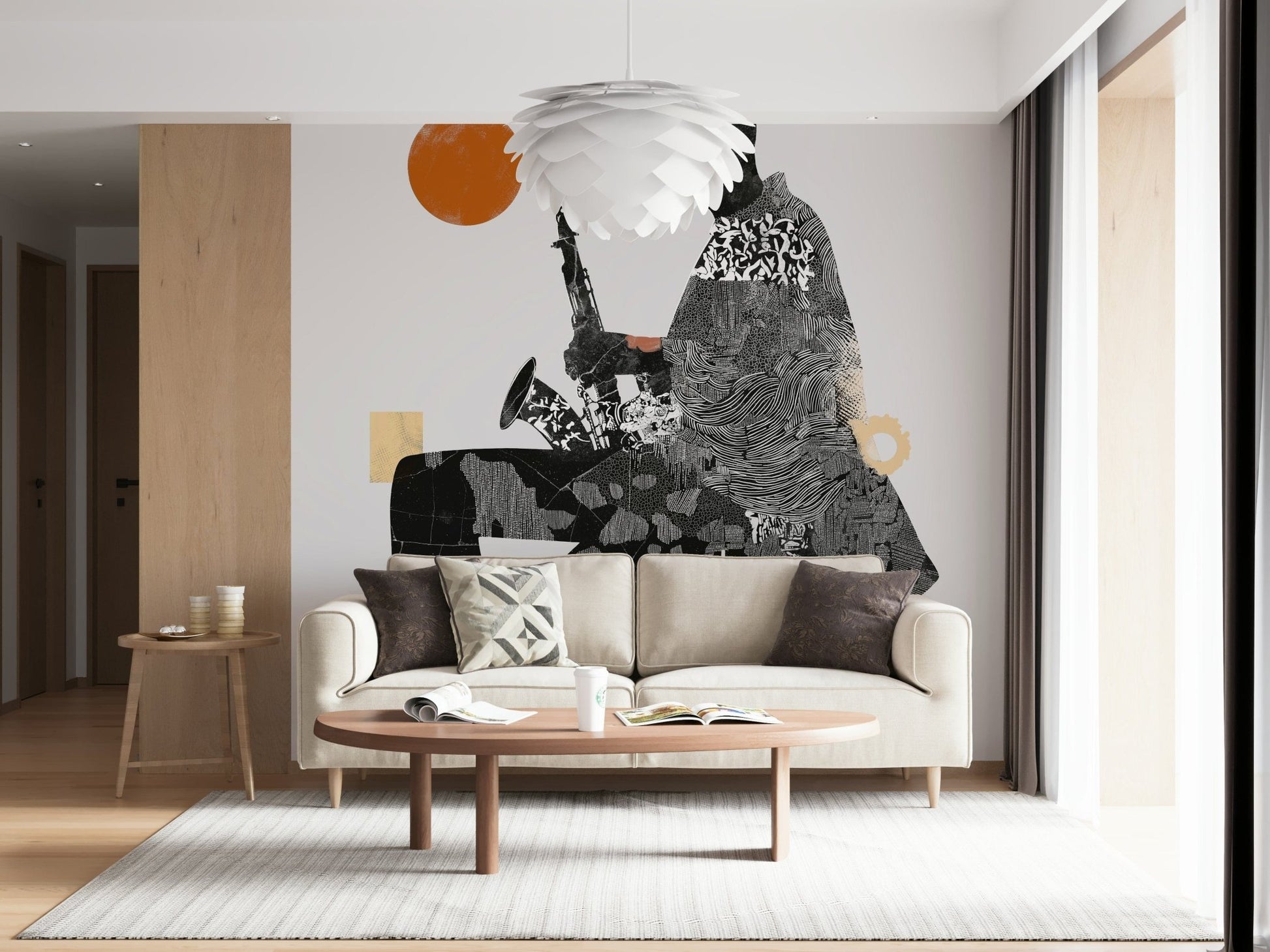 Urban Jazz wallpaper mural of a collage saxophone player behind a cream sofa and white petal pendant lamp
