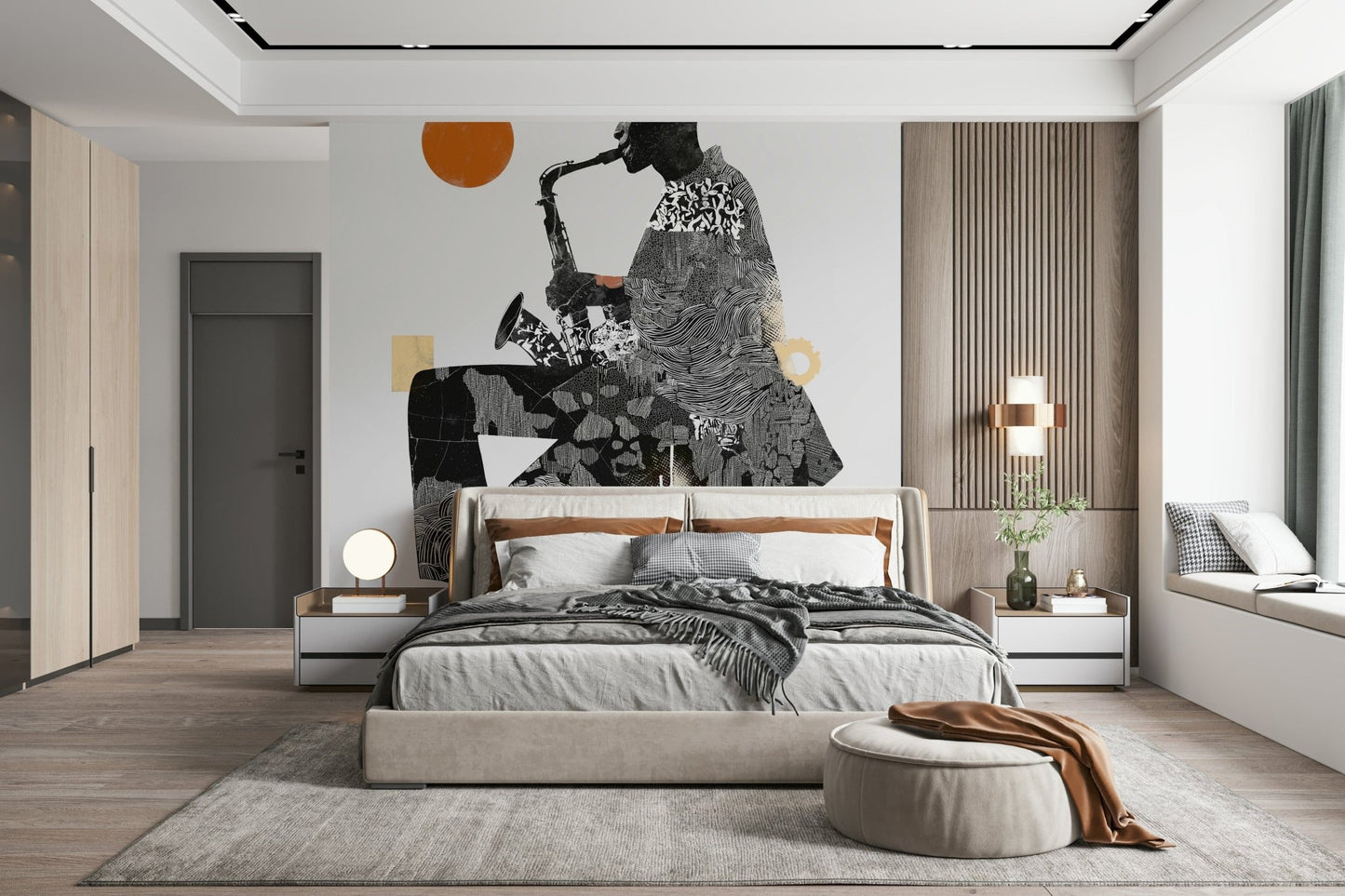 Urban Jazz wallpaper mural of a saxophonist with orange sun above an upholstered bed by a slatted wood wall