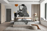 Urban Jazz wallpaper mural of a saxophonist with orange sun above an upholstered bed by a slatted wood wall