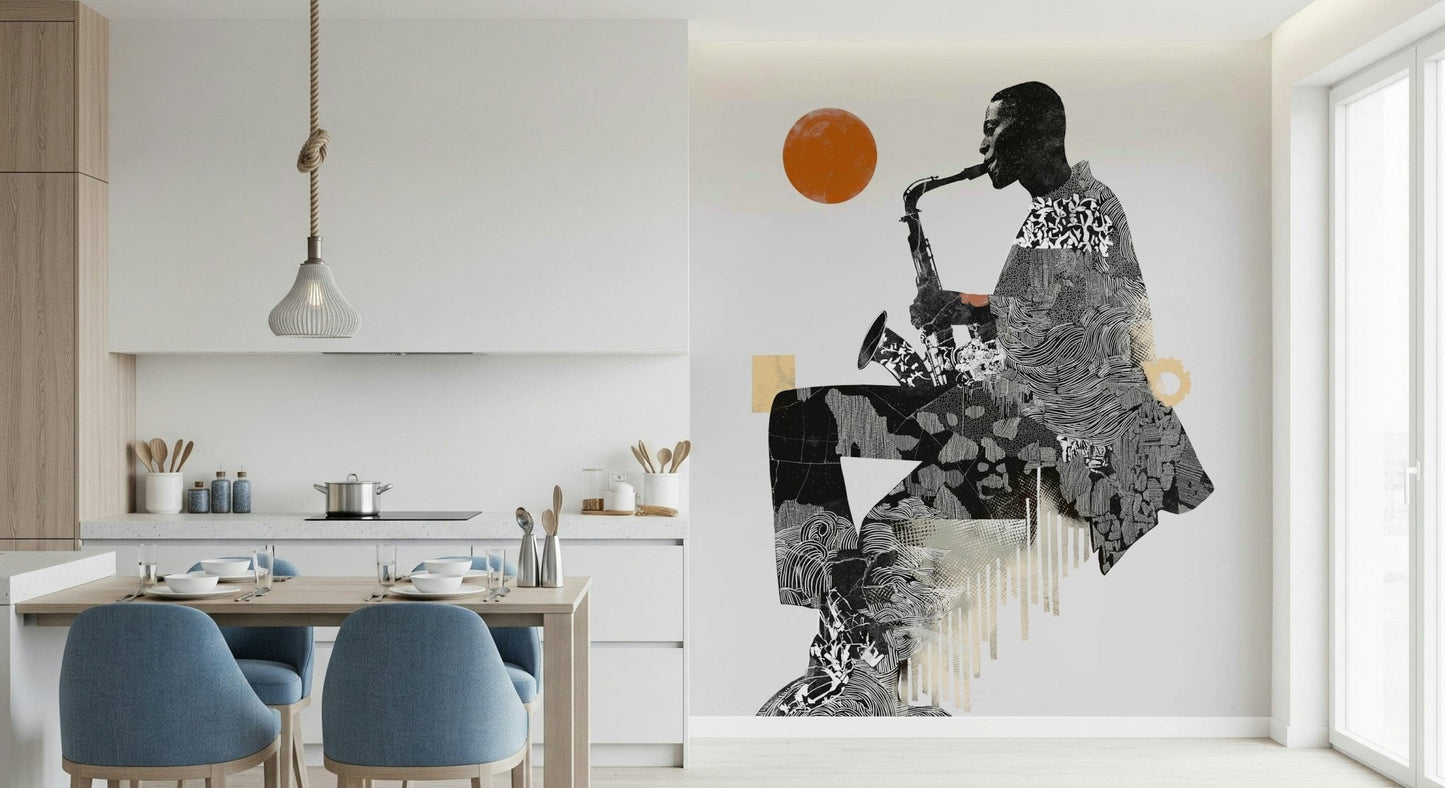Urban Jazz wallpaper mural of a black-and-white saxophonist beside a wood dining table with blue chairs
