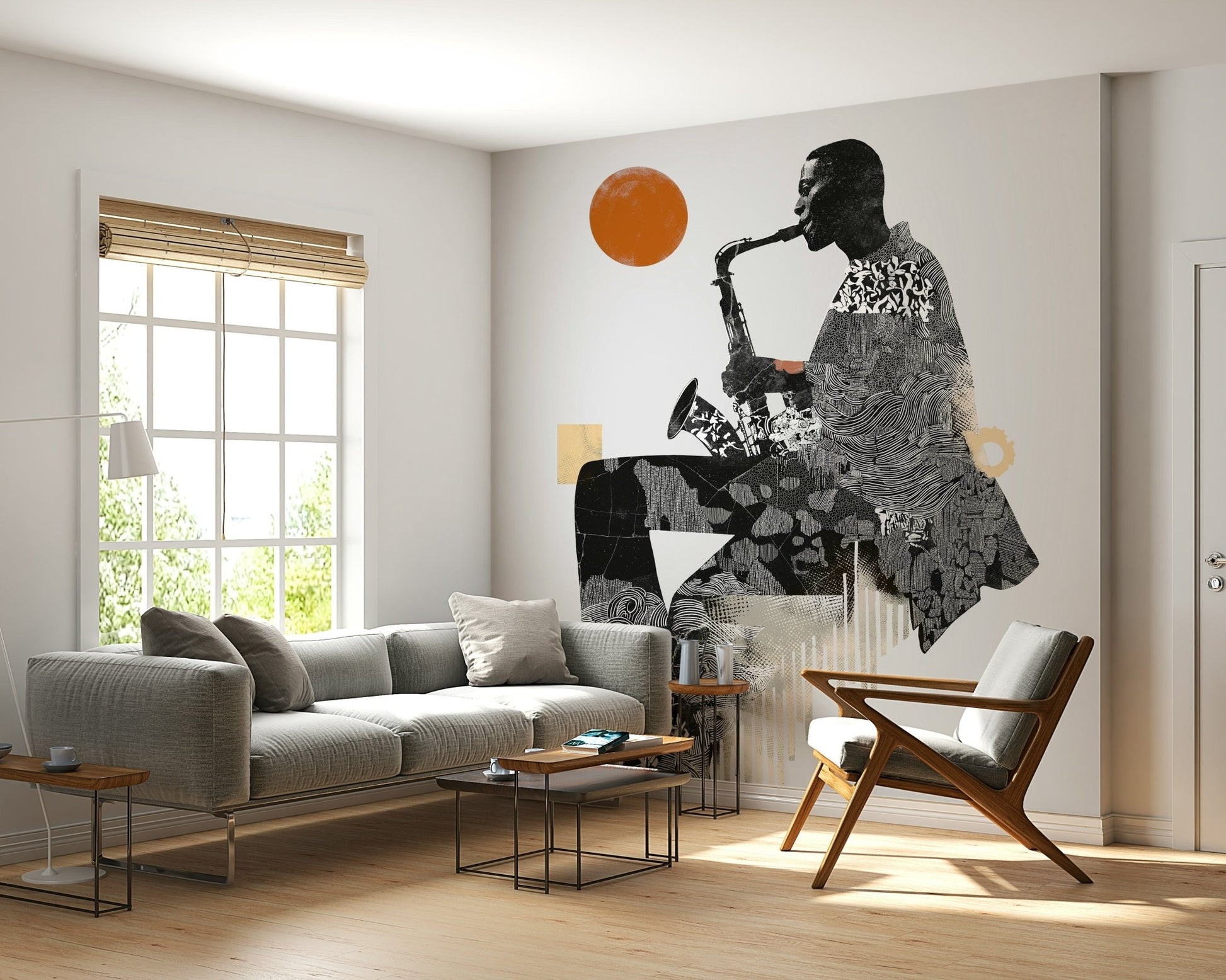 Urban Jazz wallpaper mural of a saxophonist with orange sun behind a grey sofa and wood-frame armchair